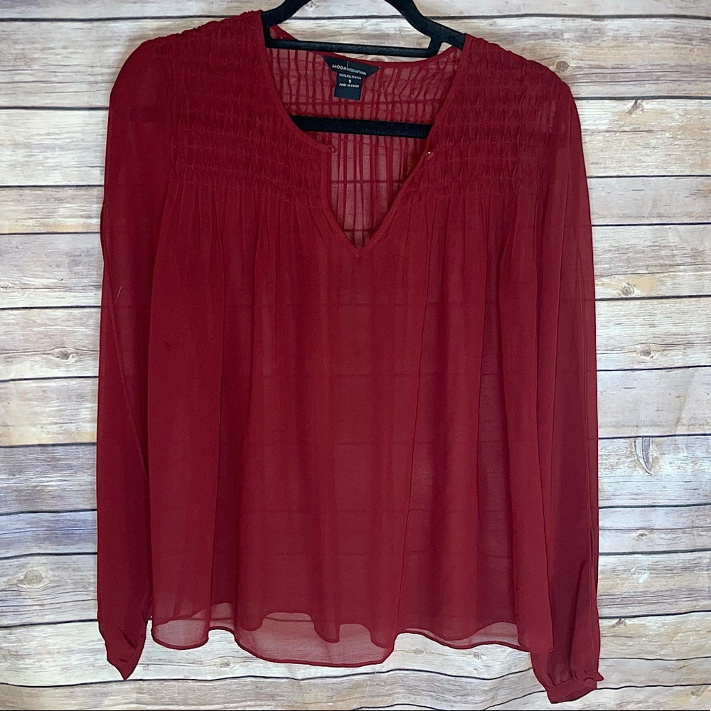 Maroon Sheer Cold-Shoulder Open Sleeve Top